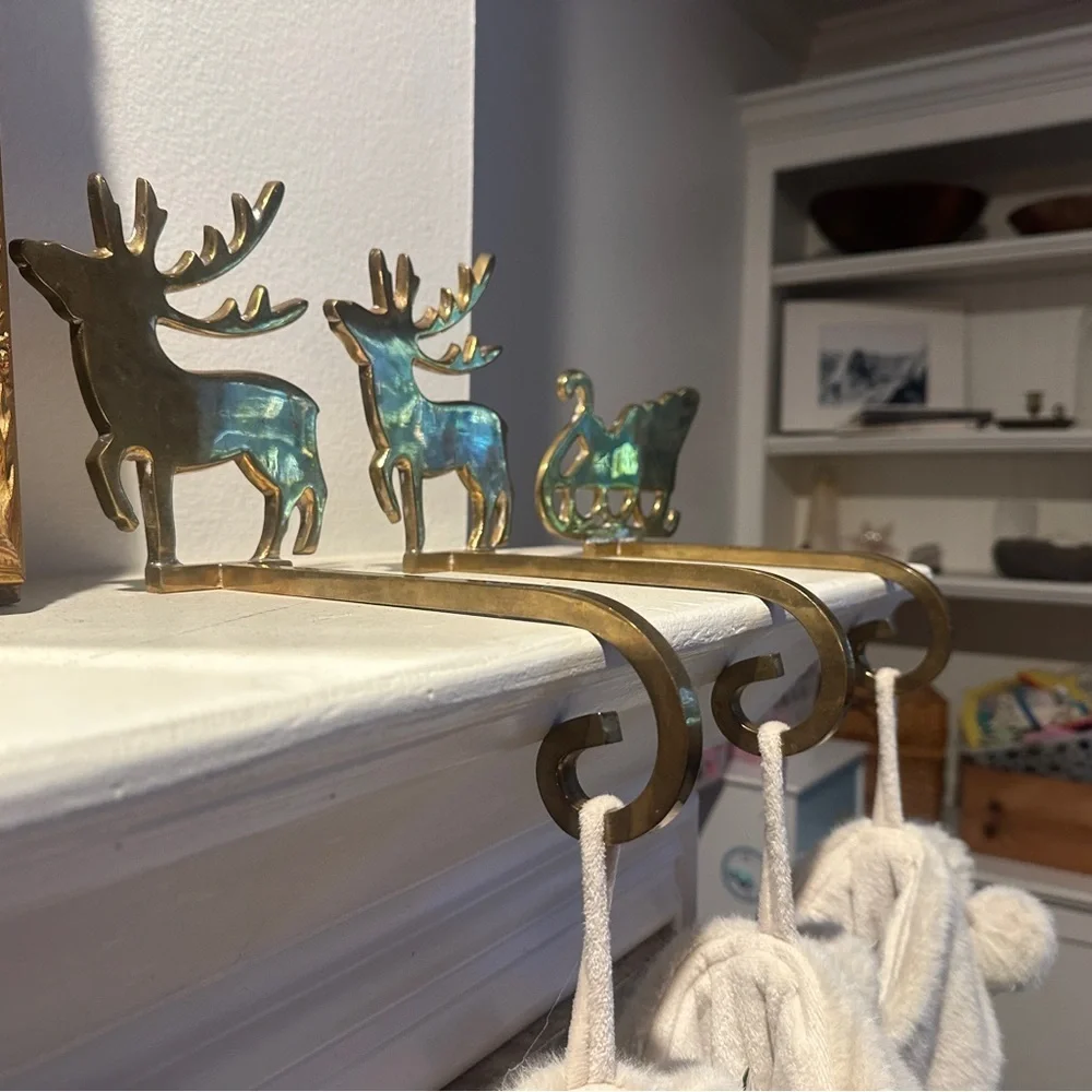 Vintage Brass Gold Reindeer and Sleigh Stocking Hangers for Christmas - Picture 9 of 12